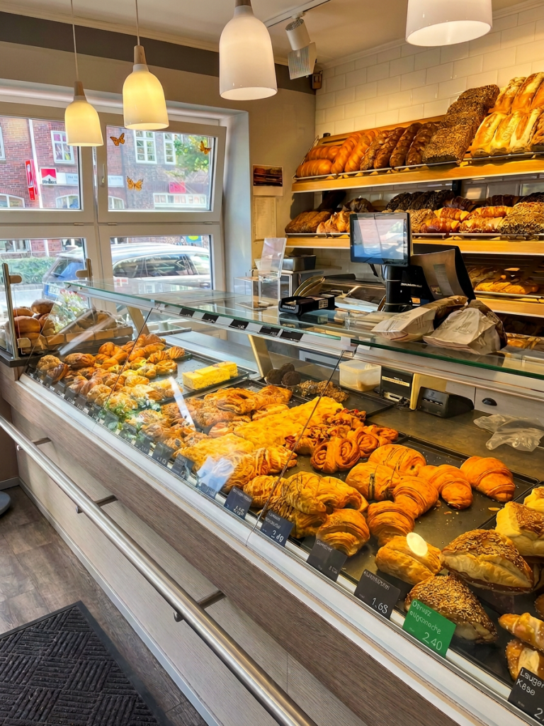 A display case in a bakery showcasing various baked goods, including croissants, pastries, and bread loaves, with a modern interior and large window letting in natural light.