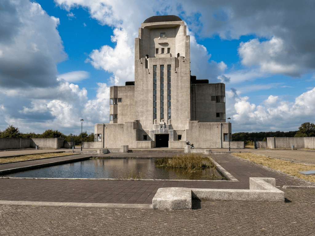 A large concrete building with a distinctive architectural design, featuring stepped elements and vertical lines, set against a partly cloudy sky. The foreground includes a rectangular pond and landscaped areas.